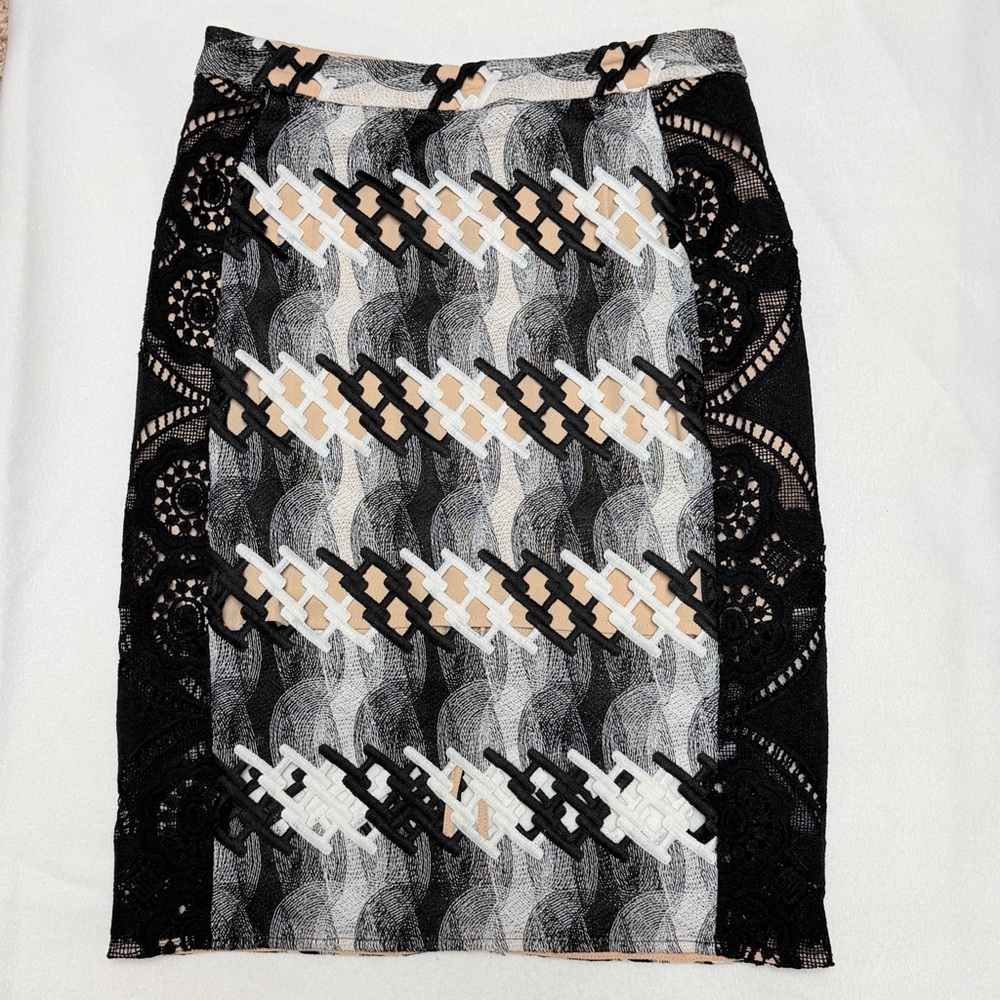 NWOT Endless Rose Lace Chevron Midi Skirt Black Cream Nude Anthropologie Size 6 - Picture 2 of 7